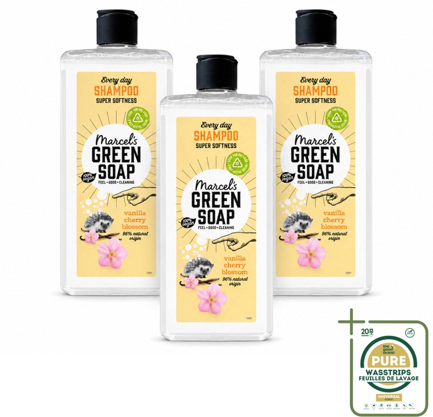 3 x Marcel's Green Soap - Every Day Shampoo - Vanilla & Cherry Blossom - Versterkt & verzorgt - 300 ml - Wasstrips - Shampoo Voor Haar - Dagelijks Shampoo - Natuurlijke Shampoo - Vegan Shampoo - Shampoo Voor Vet Haar