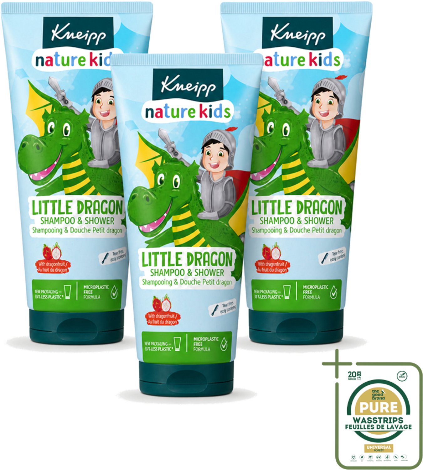 3 x Kneipp - Shampoo & Showergel - Little Dragon - 200 ml - Wasstrips - Kinderen Baden - Gevoelige Huid - Shampoo En Douchegel - 2-in-1 - Dragonfruit Geur
