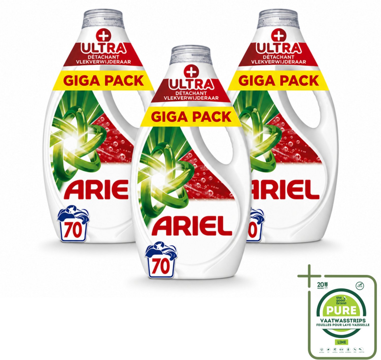 3 x Ariel - Vloeibaar Wasmiddel - +Ultra Vlekverwijderaar - 70 Wasbeurten - 3150 ml - Grootverpakking - Vaatwasstrips - Vlekverwijderaar - Wasmiddel - Vlekken - Wasprogramma - Koude Was