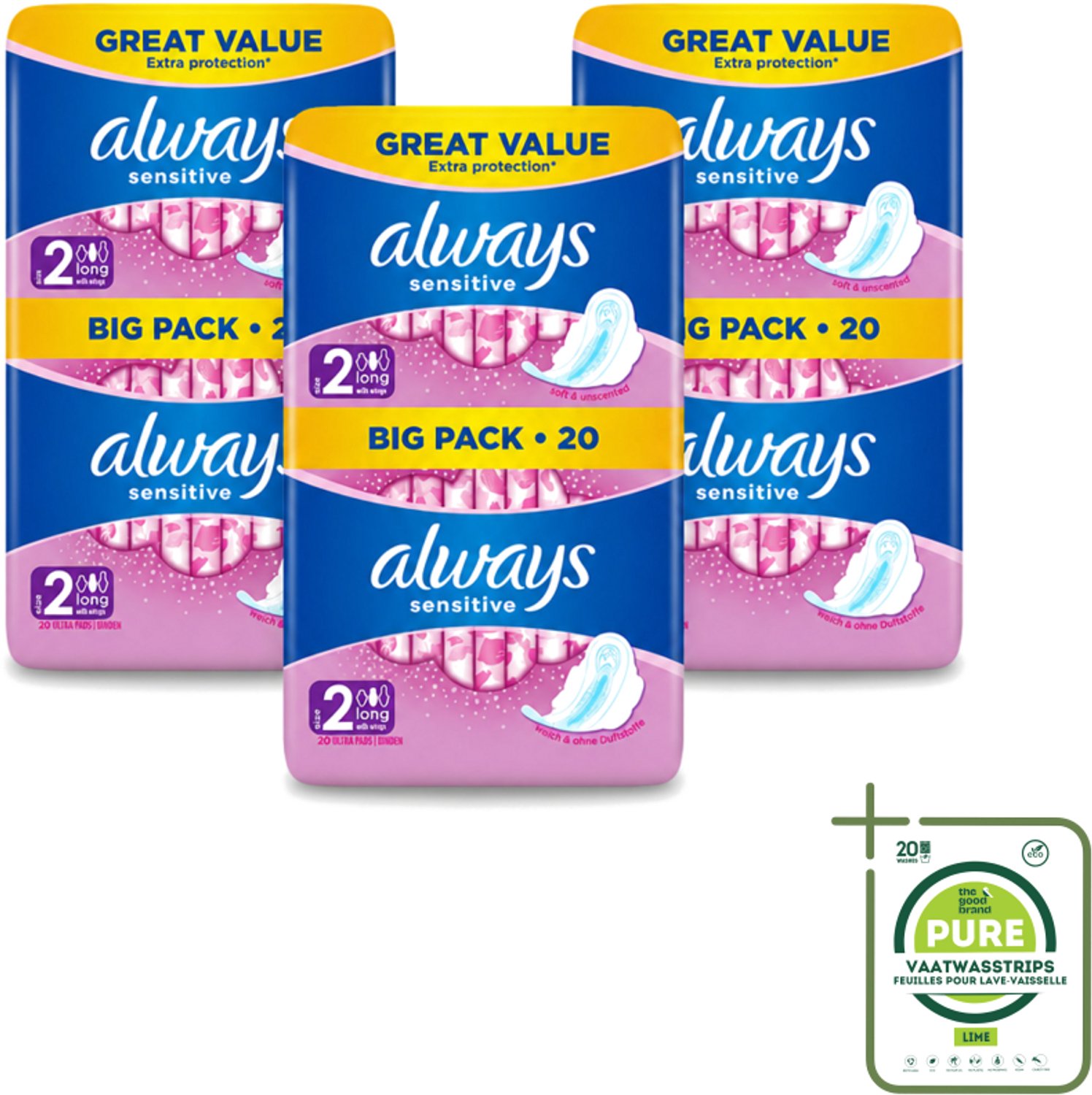 3 x Always - Maandverband - Long - Sensitive - 20 Maandverband - Grootverpakking - Maandverband - Menstruatie - Gevoelige Huid - Zachte Maandverband - Long Maandverband