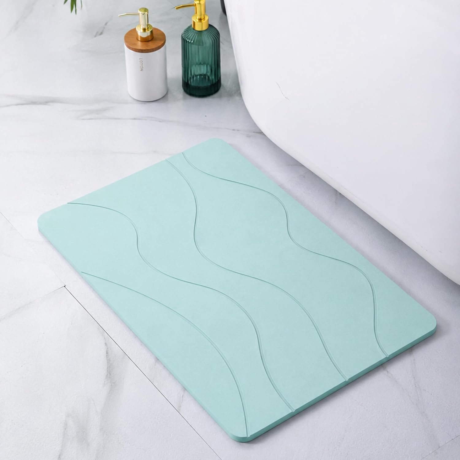 Diatomiet Steen Badmat Anti-slip (60 x 39 cm)| Sneldrogende Douchemat Super Absorberend | Badkamer Vloerkleed Schimmelwerend & Hygiënisch | Stone Bath Mat (Groene Golven)