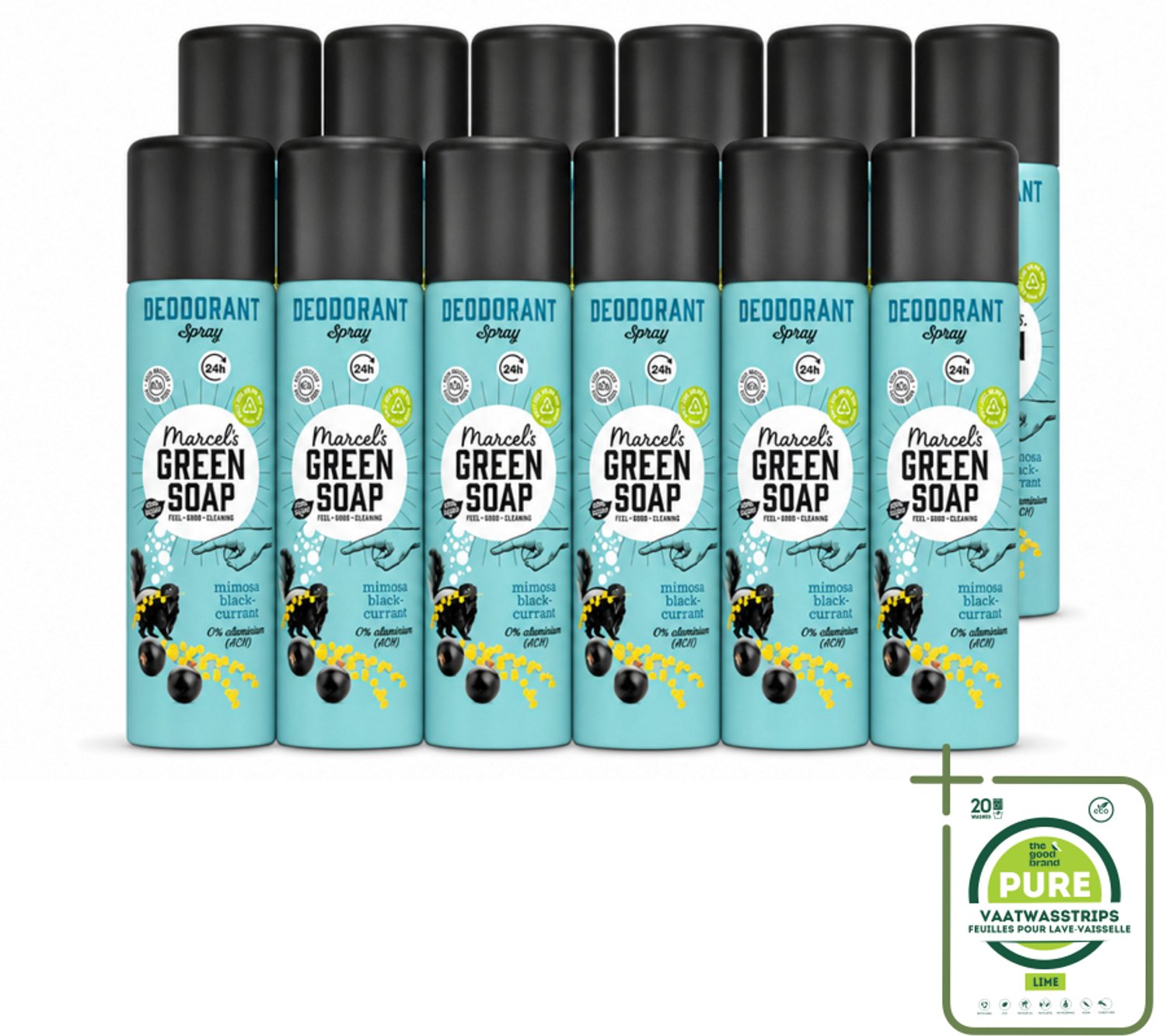12 x Marcel's Green Soap - Deodorant Spray - Mimosa & Blackcurrant - Langdurige frisheid - 150 ml - Grootverpakking - Vaatwasstrips - Deodorant Spray - Geur - Frisheid - Geurcombinatie - Zachte Geur