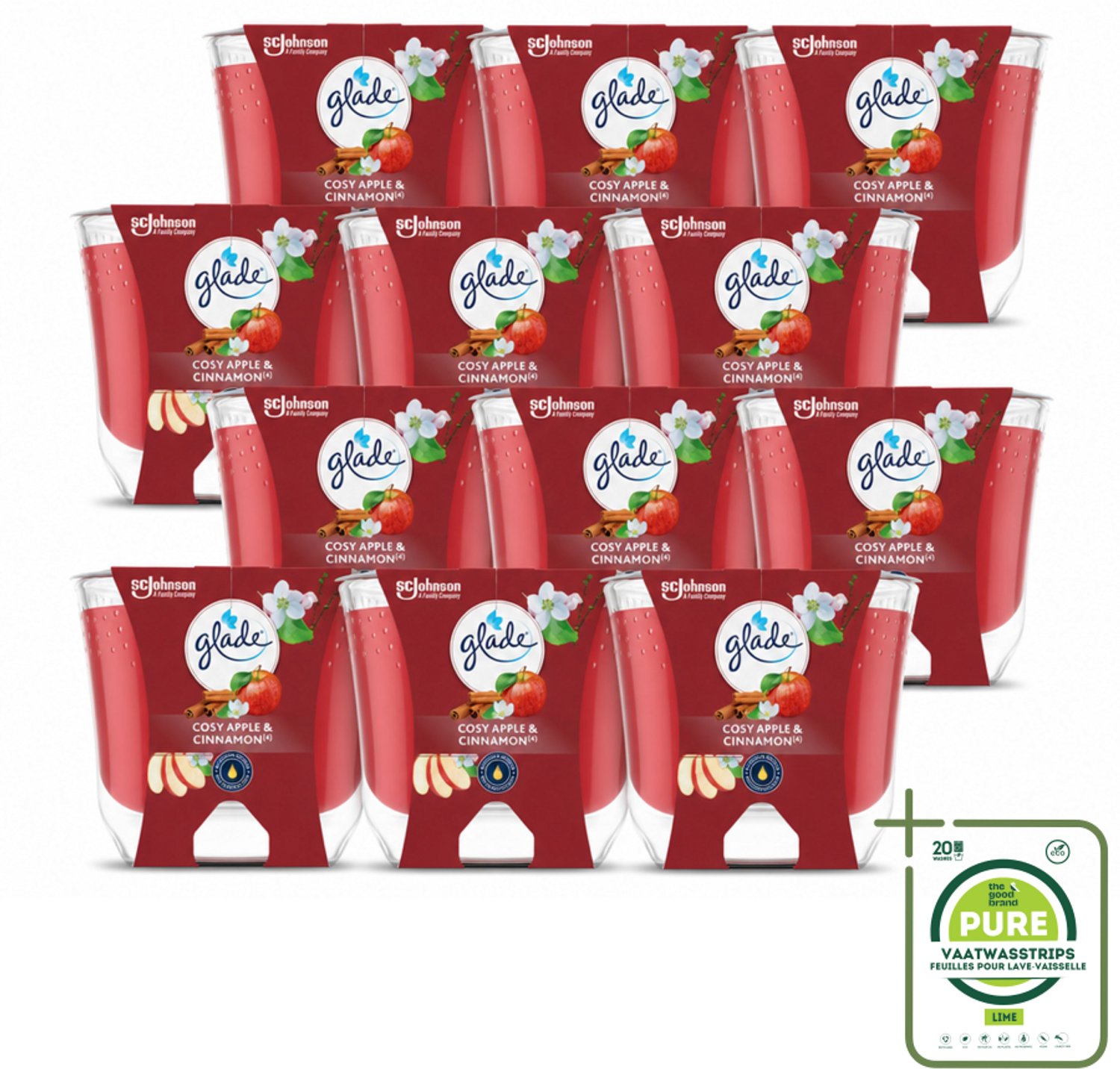 12 x Glade - Geurkaars Appel Kaneel - 100% Raapzaadwas - 204 g - Grootverpakking - Vaatwasstrips - Geurkaars - Warme Geur - Gezelligheid - Vegan - Natuurlijke Geur