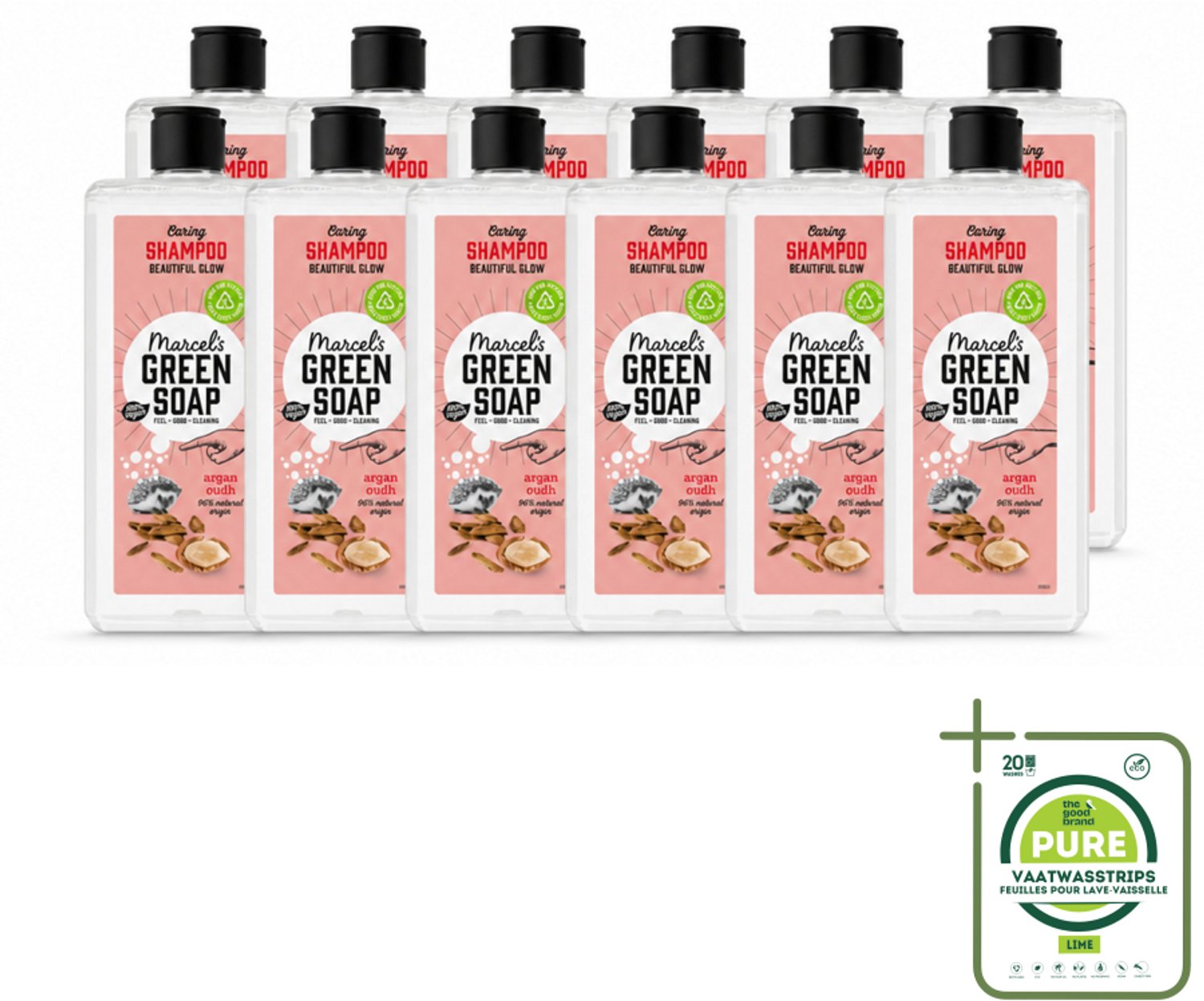 12 x Marcel's Green Soap - Shampoo - Argan & Oudh - Versterkt & verzorgt - 300 ml - Grootverpakking - Vaatwasstrips - Haarverzorging - Natuurlijke Shampoo - Arganolie - Oudh Geur - Vegan Shampoo