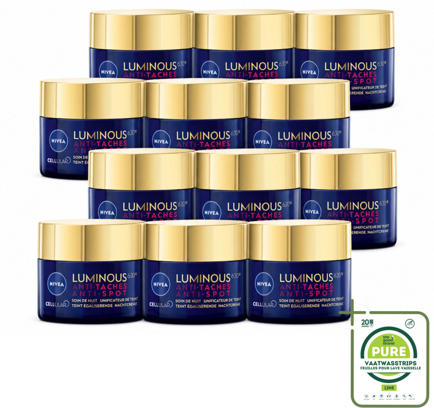 12 x NIVEA - Nachtcrème - CELLular LUMINOUS630 Tegen Vlekken - Egaliserend - Tegen pigmentvlekken - Met Hyaluronzuur - 50 ml - Grootverpakking - Anti-spot Crème - Pigmentvlekken - Huidverzorging - Nachtcrème - Huidverlichting