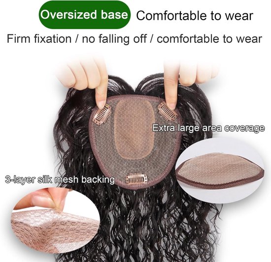 Topper van echt haar voor vrouwen, krullend, golvend, 13 x 14 cm, middendeel, zijden basis, clip-in haarstukjes boven met pony (bruin, haar 40 cm) — afbeelding 4
