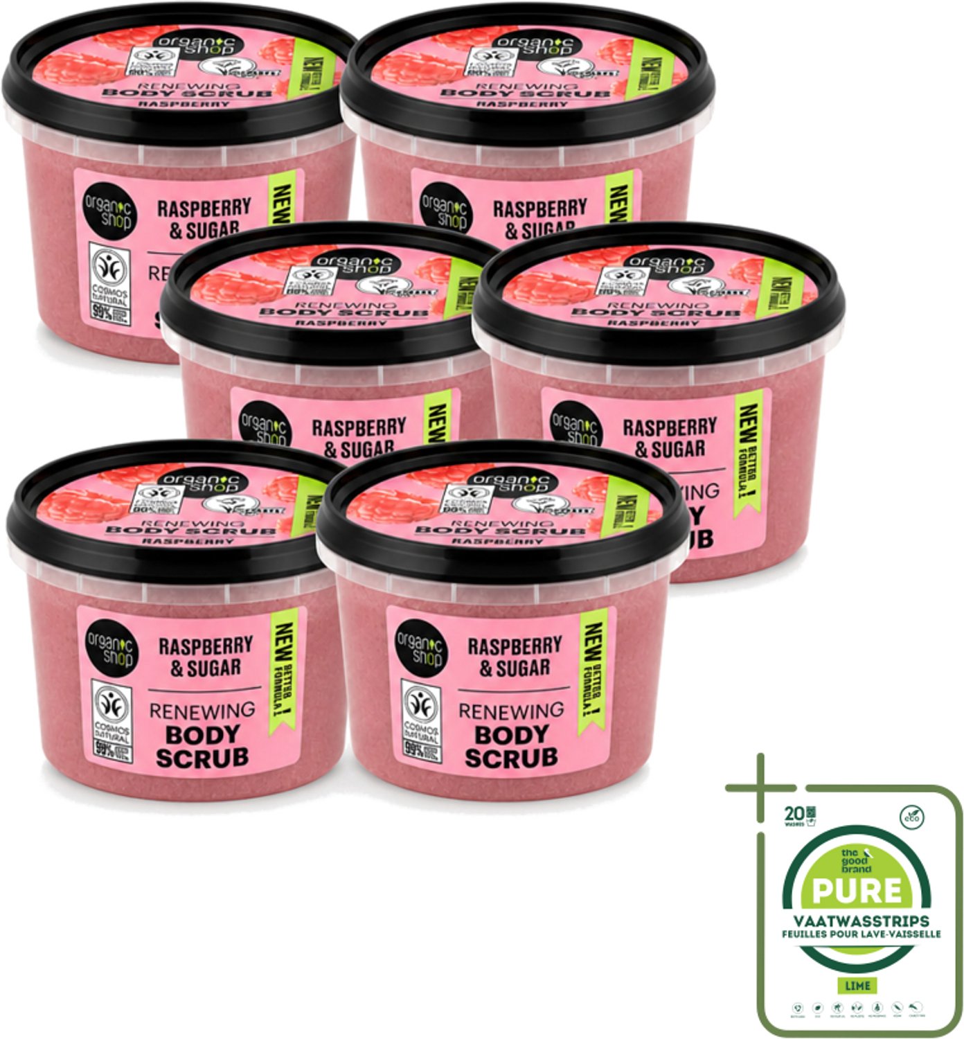 6 x Organic Shop - Organic Raspberry & Sugar Body Scrub - Verfrissend en Peeling - 250 ml - Grootverpakking - Vaatwasstrips - Biologische Bodyscrub - Framboos Scrub - Natuurlijke Exfoliatie - Huidverzorging - Huidpeeling