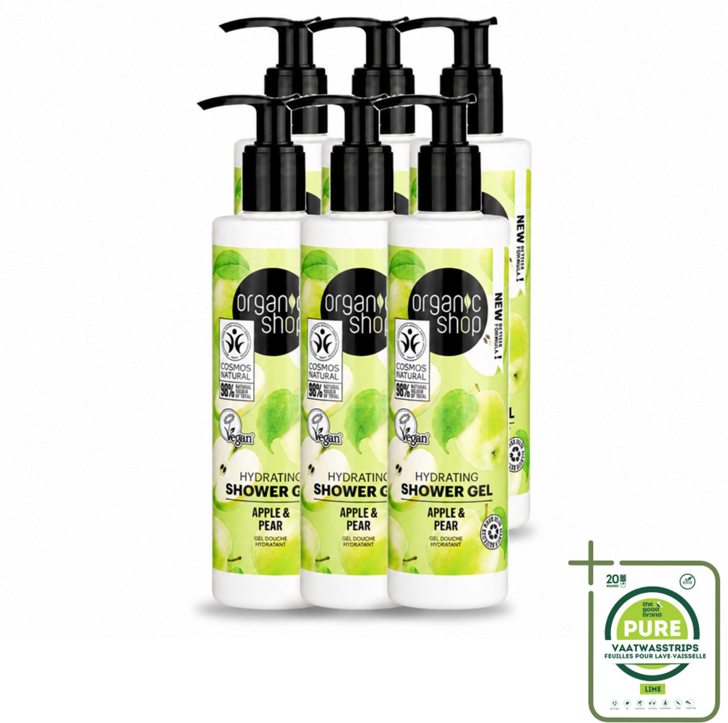6 x Organic Shop - Douchegel Apple & Pear - Verfrissend en Hydraterend - 280 ml - Grootverpakking - Vaatwasstrips - Douchegel - Natuurlijke Douchegel - Biologische Douchegel - Appel En Peren Douchegel - Hydraterende Douchegel