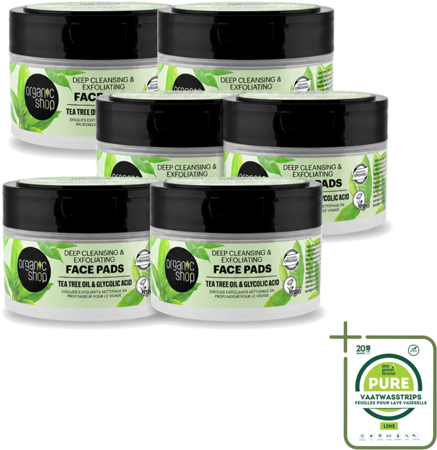 6 x Organic Shop - Face Pads Deep Cleansing - Verfrissend en Reinigen - 20 Pads - Grootverpakking - Vaatwasstrips - Gezichtsreiniging - Diepe Reiniging - Tea Tree Olie - Glycolzuur - Huidverzorging