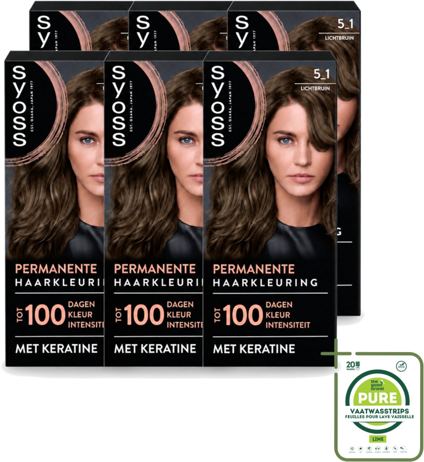 6 x SYOSS - Permanent Coloration 5-1 - Haarverf - Permanente Haarkleuring - Lichtbruin - Grijsdekking - Grootverpakking - Vaatwasstrips - Permanente Haarkleuring - Haarkleur - Grijsdekking - Keratine - Haarkleuring Thuis