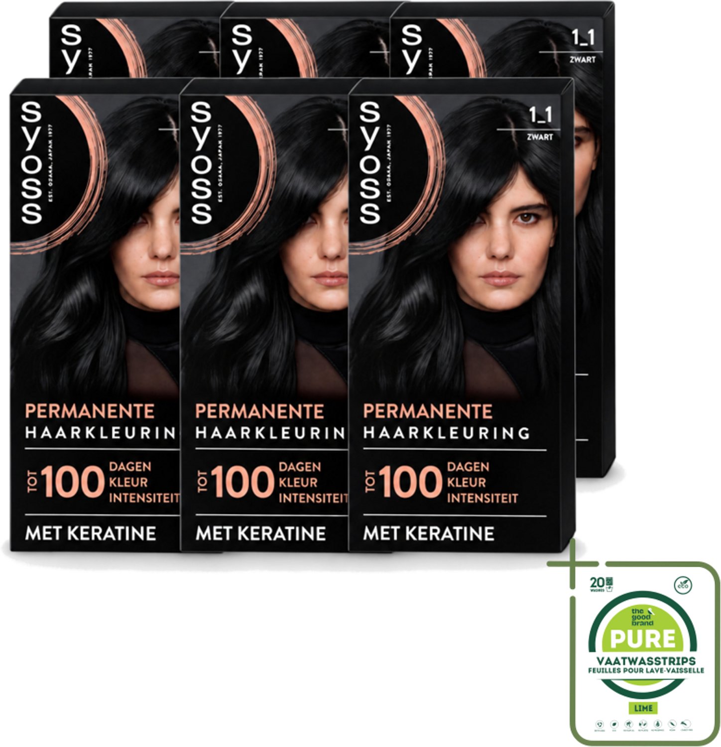 6 x SYOSS - Coloration 1-1 Zwart - Haarverf - Grijsdekking - Vermindert Haarbreuk - Grootverpakking - Vaatwasstrips - Haarkleur - Permanente Haarkleuring - Grijsdekking - Keratine - Haarkleur Krachtig