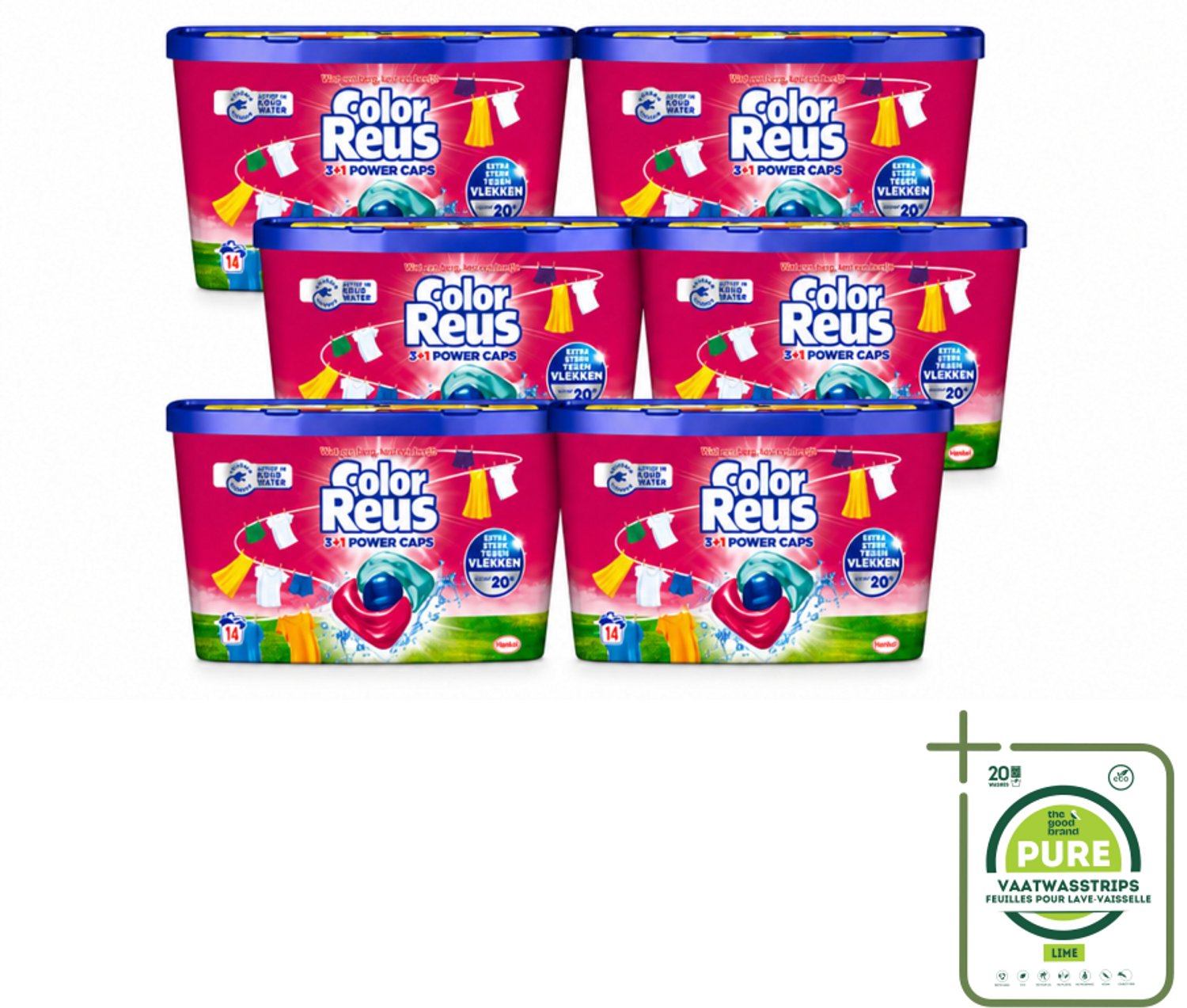 6 x Color Reus - 3+1 Power Caps - Gekleurde Was - 14 Wasbeurten - Grootverpakking - Vaatwasstrips - Kleurbehoud - Wasmiddelcapsule - Krachtige Was - Stralend Schoon - Fris Wasgoed