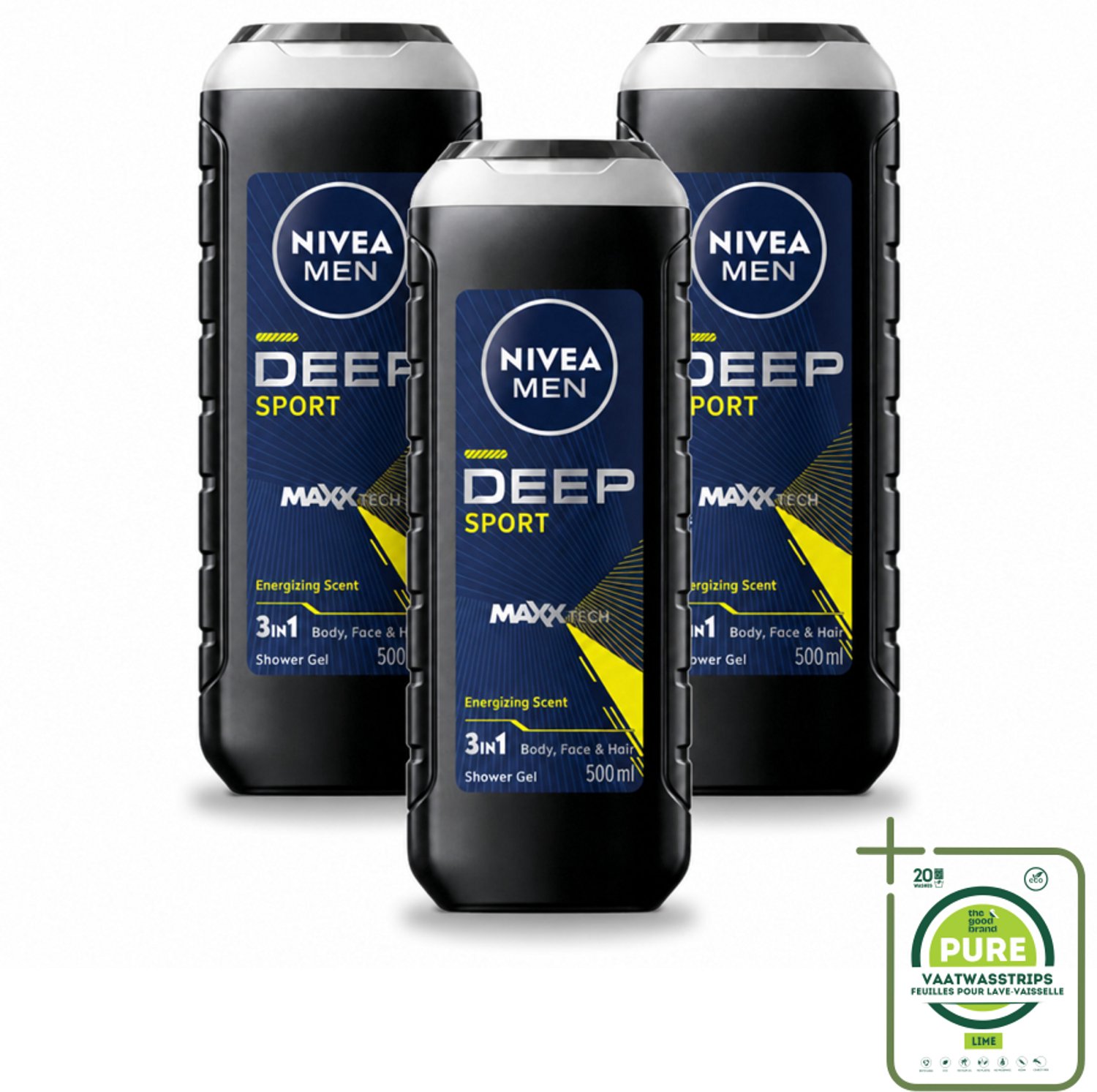 3 x NIVEA MEN - Douchegel - Deep Sport - 500 ml - Grootverpakking - Vaatwasstrips - Sportdouchegel - Mannelijke Douchegel - Diepe Reiniging - Zweet Verwijderen - Frisheid