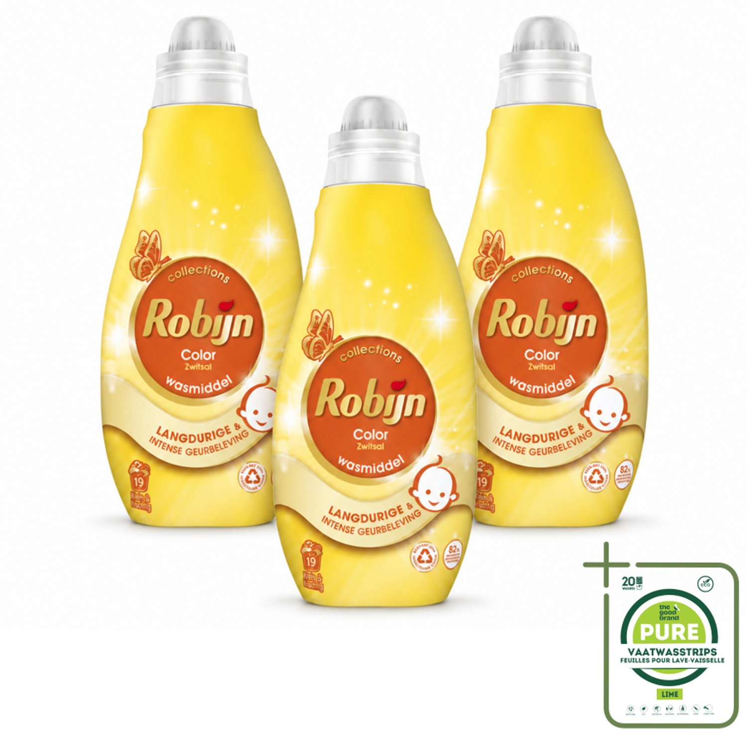 3 x Robijn - Klein & Krachtig Collections Color Zwitsal - Vloeibaar Wasmiddel - 19 Wasbeurten - Grootverpakking - Vaatwasstrips - Wasmiddel Kleurbehoud - Wasmiddel Zwitsal - Wasmiddel Bonte Was - Wasmiddel 40°C - Wasmiddel Biologisch Afbreekbaar