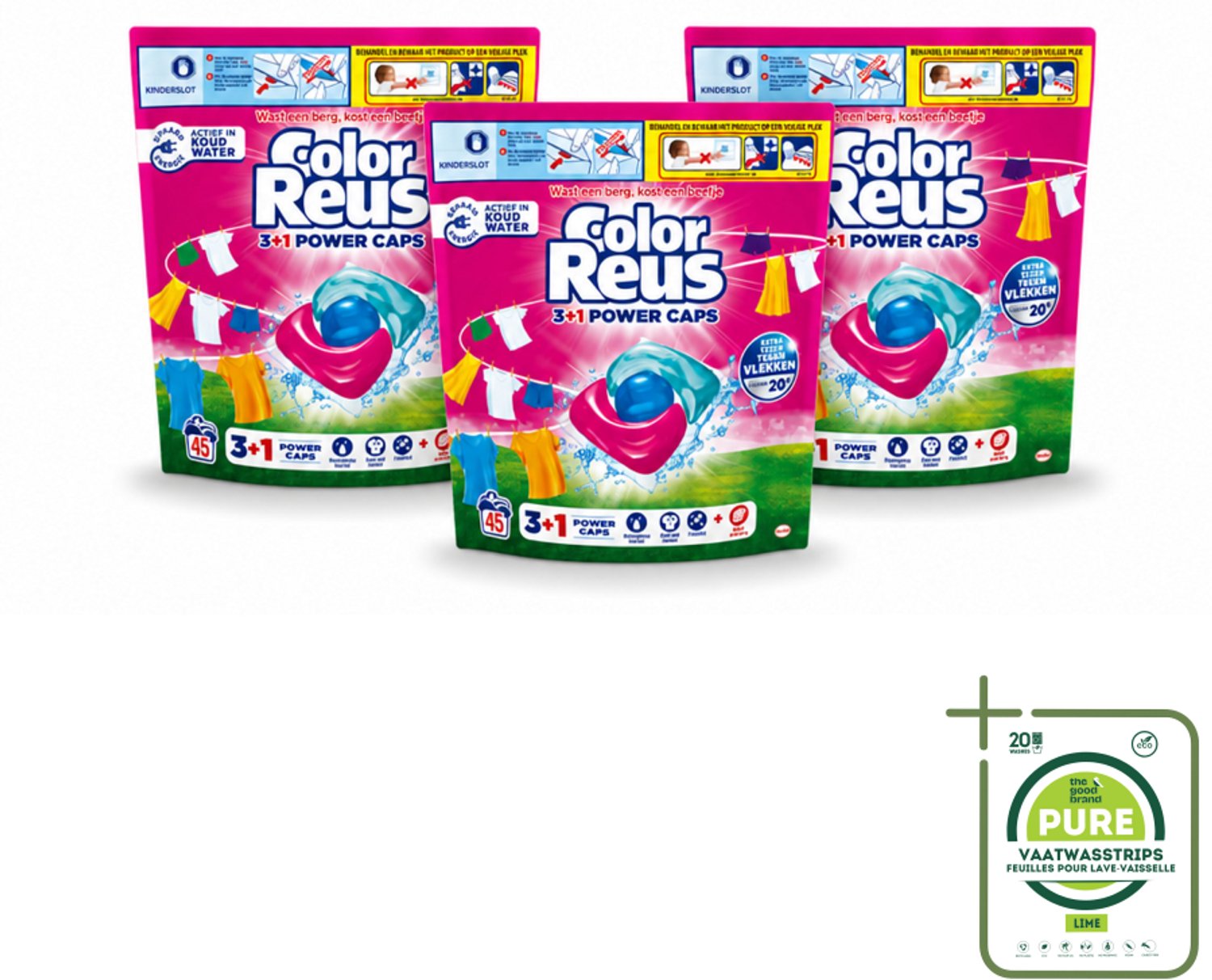 3 x Color Reus - 3+1 Power Caps - Gekleurde Was - 45 Wasbeurten - Grootverpakking - Vaatwasstrips - Was Capsules - Gekleurde Was - Kleurbescherming - Vlekverwijdering - Krachtige Was