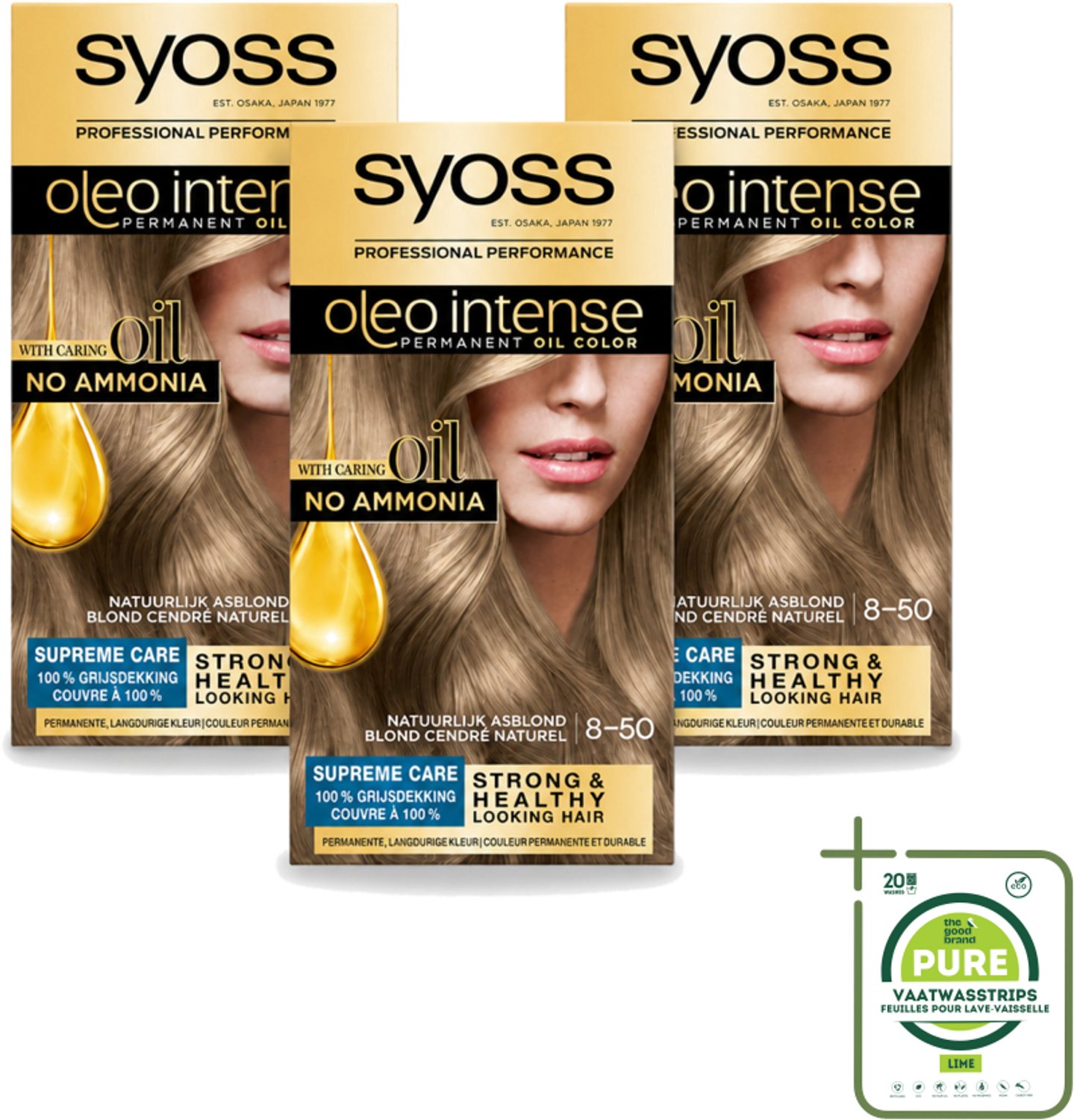 3 x SYOSS - Oleo Intense 8-50 - Haarverf - Permanente Haarkleuring - Natuurlijk Asblond - Langdurige Kleur - Grootverpakking - Vaatwasstrips - Haarkleur - Haarkleuring - Olieformule - Grijsdekking - Verzorging