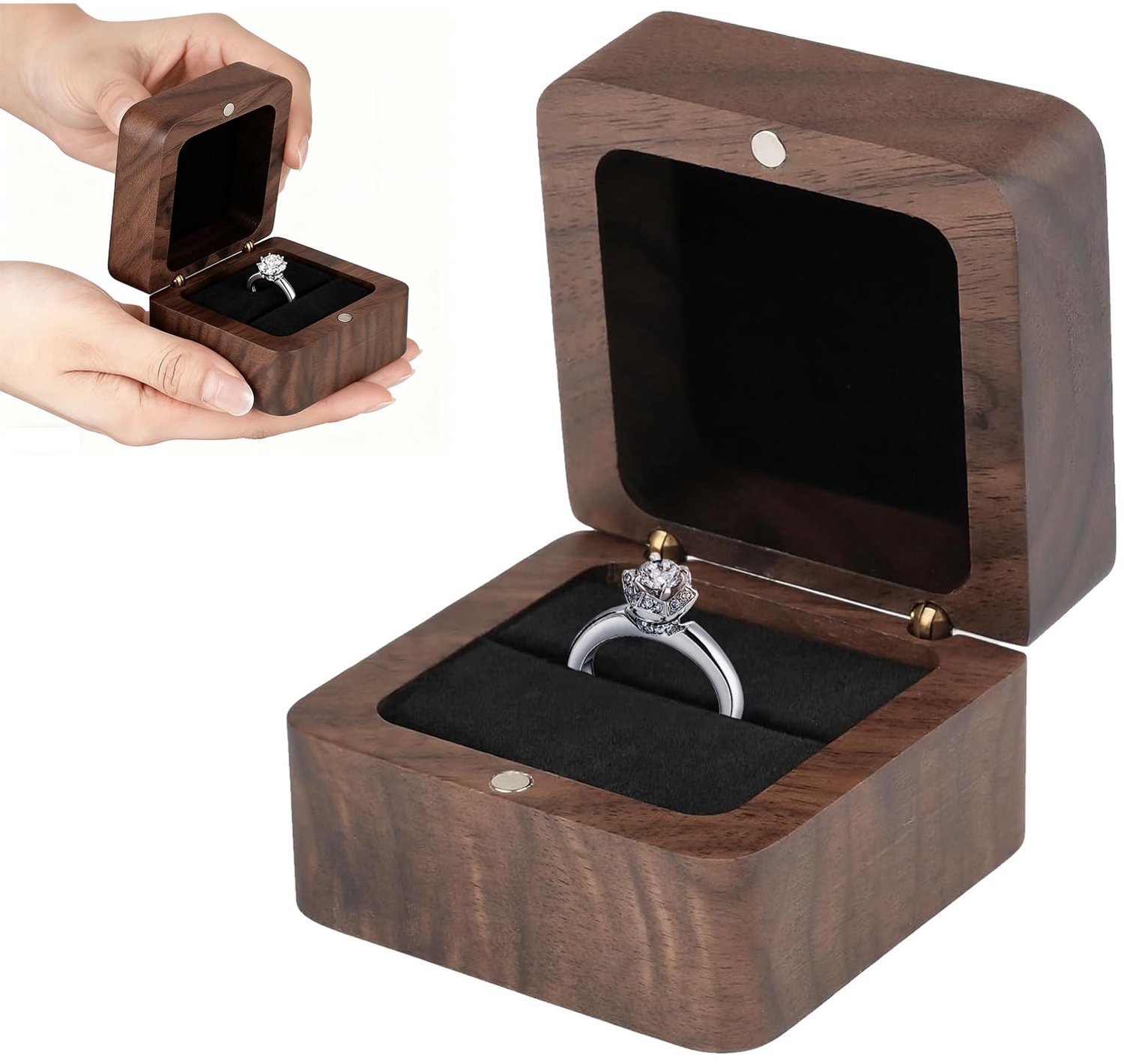 Ringdoos hout, ringbox bruiloft 6x5,5x4cm vintage massief walnoot ringbox - ShopVlot