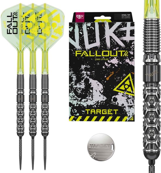 Set de 3 fléchettes Luke Littler 'Fallout', emballage et une fléchette individuelle avec plumes néon-jaunes