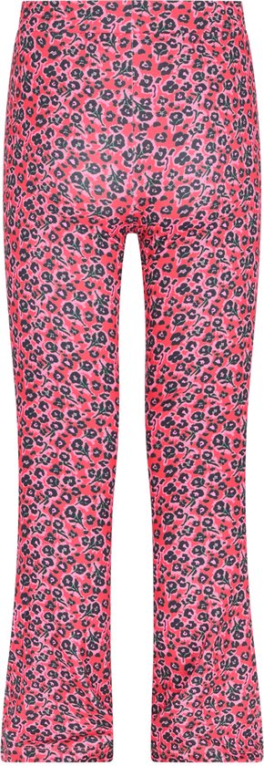 Flared broek met een rode basis en zwarte en roze luipaardprint.