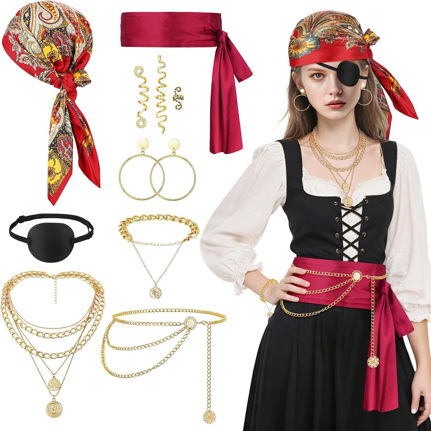Piratenkostuum voor Dames met 10 Stukken, Inclusief Hoofddoek, Ooglapje en Sieraden voor Halloween, Cosplay en Feestjes
