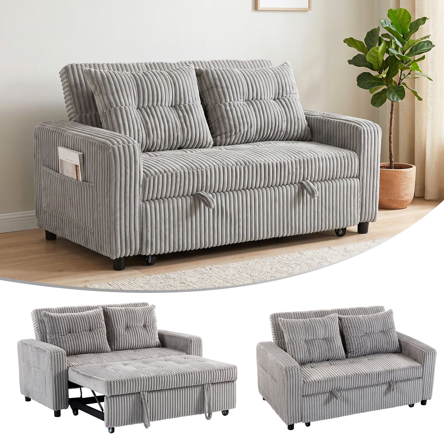 TEKROA® 2-zits slaapbank - bekleding van corduroy - om te bouwen tot slaapbank - 2 kussens, zijvakken - 157 x 190 cm - lichtgrijs