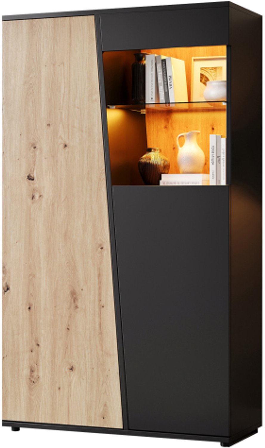 Merax Vitrinekast 80 x 35 x 139.5 cm - met LED - en diverse opbergvakken - afwerking in zwart en hout