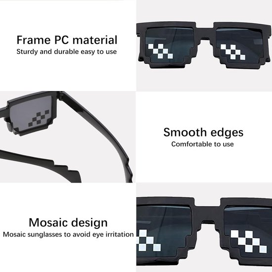 3 stuks pixel-mozaïekglazen, grappige spelletjes, partybril, zwarte zonnebril, foto-rekwisieten, uniseks bril voor reizen, fotografie, themafeesten, festivals — afbeelding 5