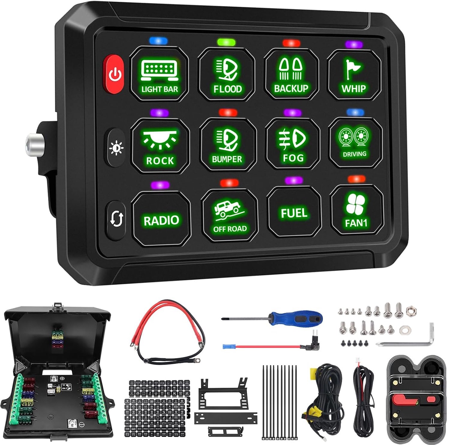 Chelhead Schakelpaneel met 12 versnellingen, 80 A, groene achtergrondverlichting, 4 verlichtingsmodi, uitschakelbaar, waterdicht, IP65, multifunctioneel 12 V schakelaar, paneel met geheugenfunctie