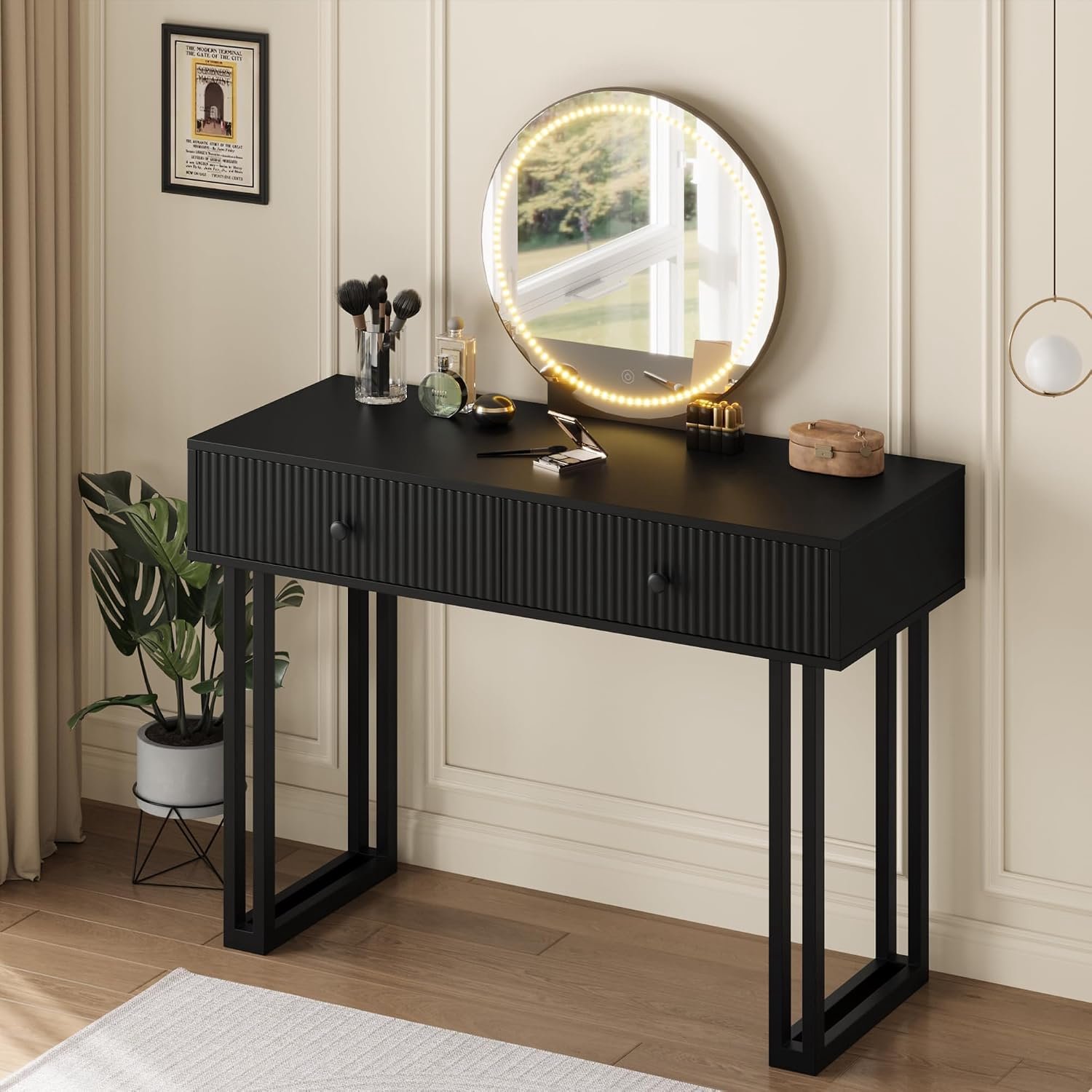 Danky 100cm zwarte kaptafel met spiegel, verlichting en opberglades Make-uptafel met 3 gekleurde lampjes en instelbare helderheid, moderne kaptafel voor de slaapkamer