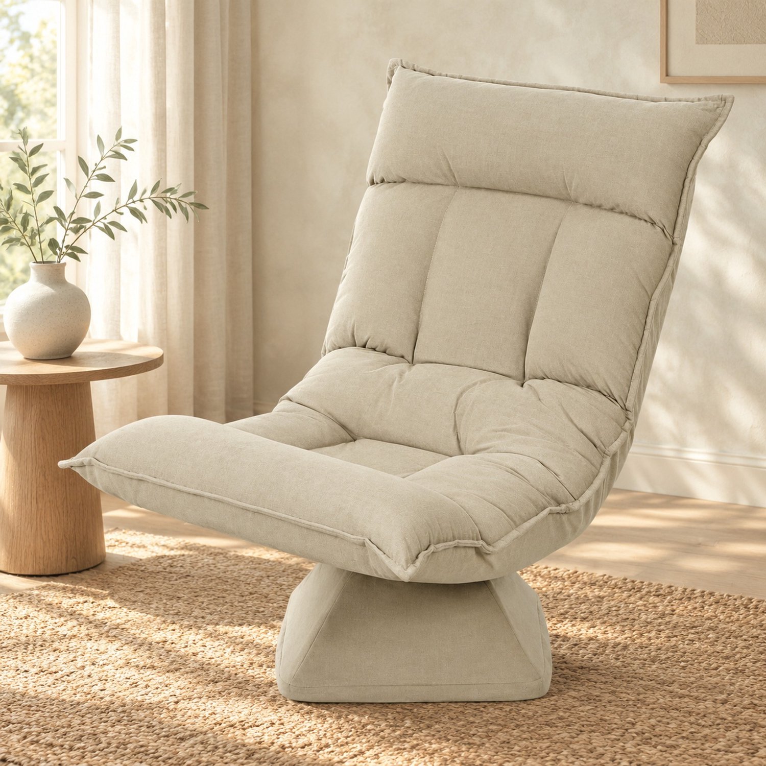 DESMIU Bodemfauteuil 70 x 62 x 95 cm - 360 Graden Draaibaar Met Rugleuning In 5 Standen - Voor Woonkamer En Lezen - Polyester Beige