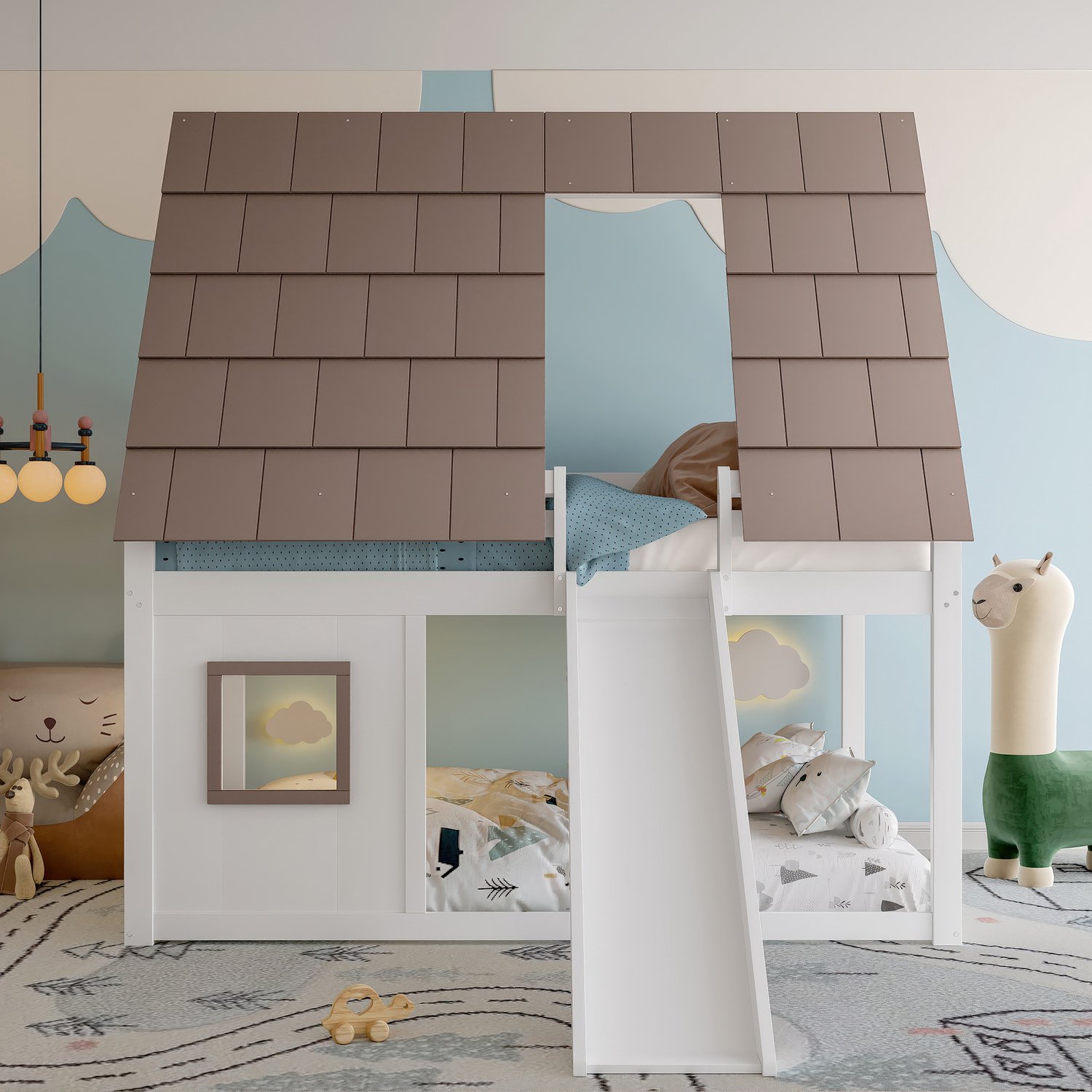 MUVANO Houten stapelbed 140x200 - huisvormig stapelbed met dak - stapelbed met ladder en glijbaan - MDF en grenenhout - 210 x 264 x 193 cm - wit en bruin