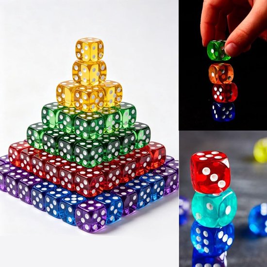 100 stuks kleurrijke dobbelstenen set met zwart fluwelen zakje, transparante kleurdobbelstenen in 10 kleuren voor tafelspellen en bordspellen, 6-zijdige speeldobbelstenen set acryl dobbelstenen — afbeelding 2