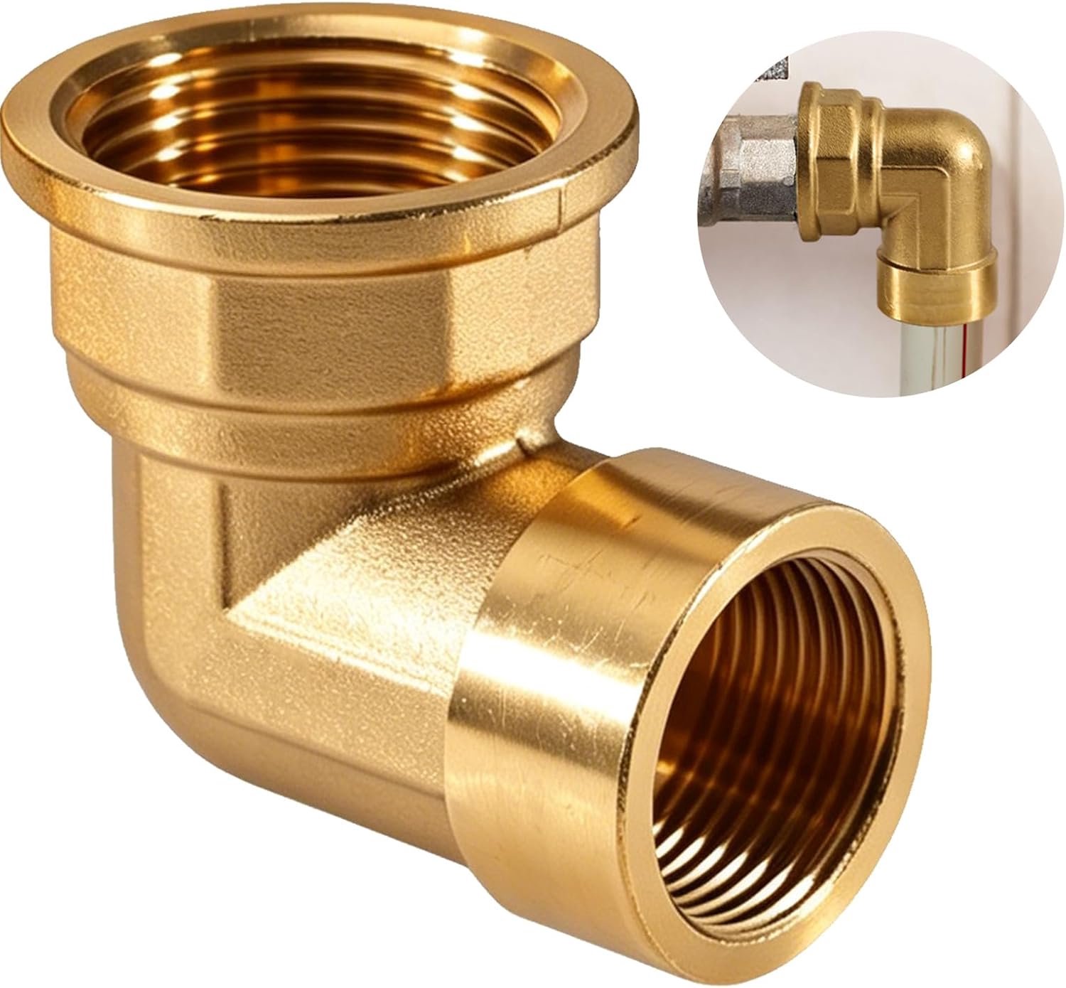 1 stuk messing boog 90 graden, 1" IG op 3/4" IG, messing beugel 90°