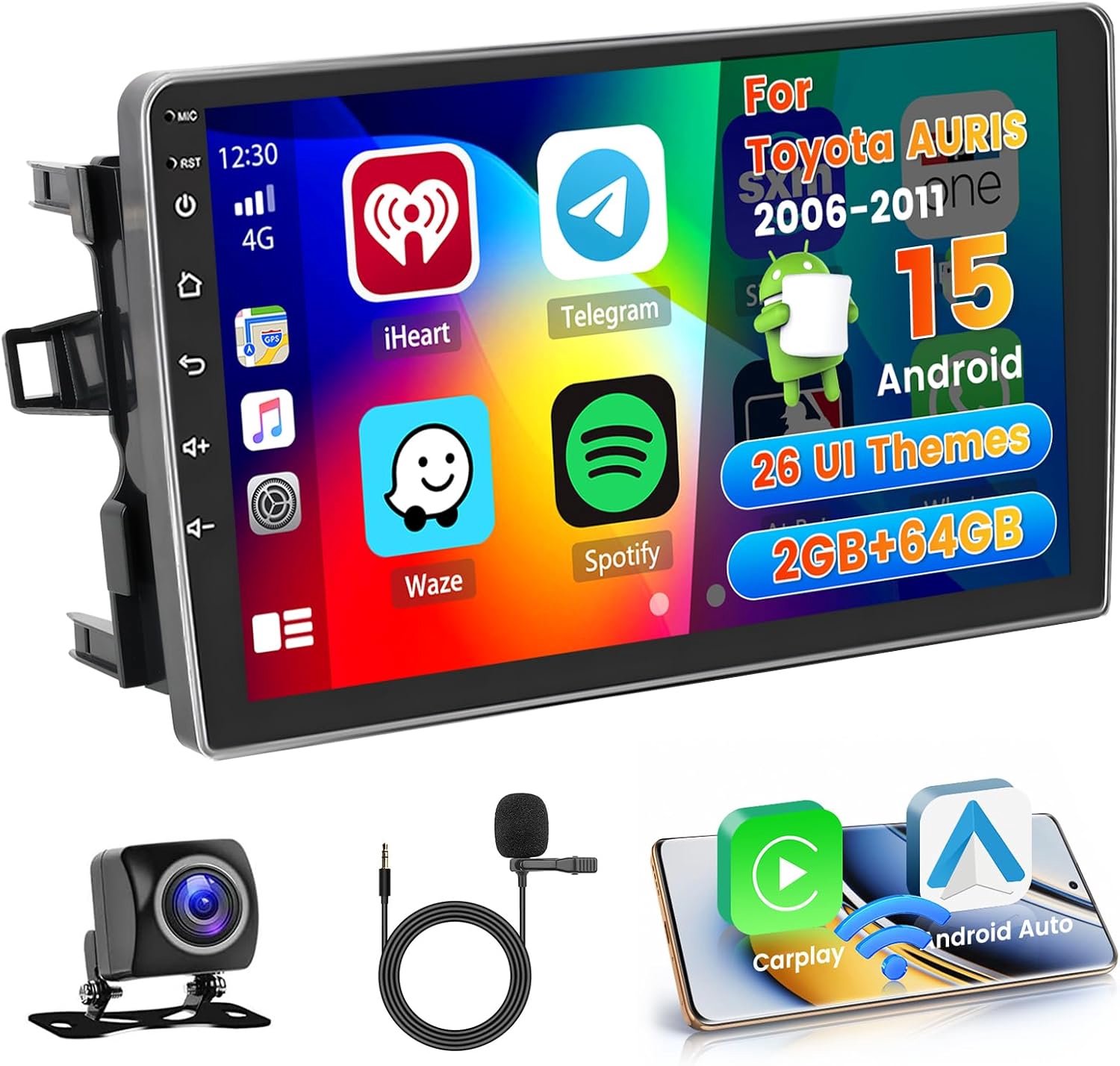 Hikity 2+64G Radio voor Toyota Auris 2006-2011 met Draadloze Carplay Android Auto, 9'' Touch Screen Android Radio met Mirror Link FM/RDS EQ WIFI Bluetooth GPS 26UI SWC MIC Camera