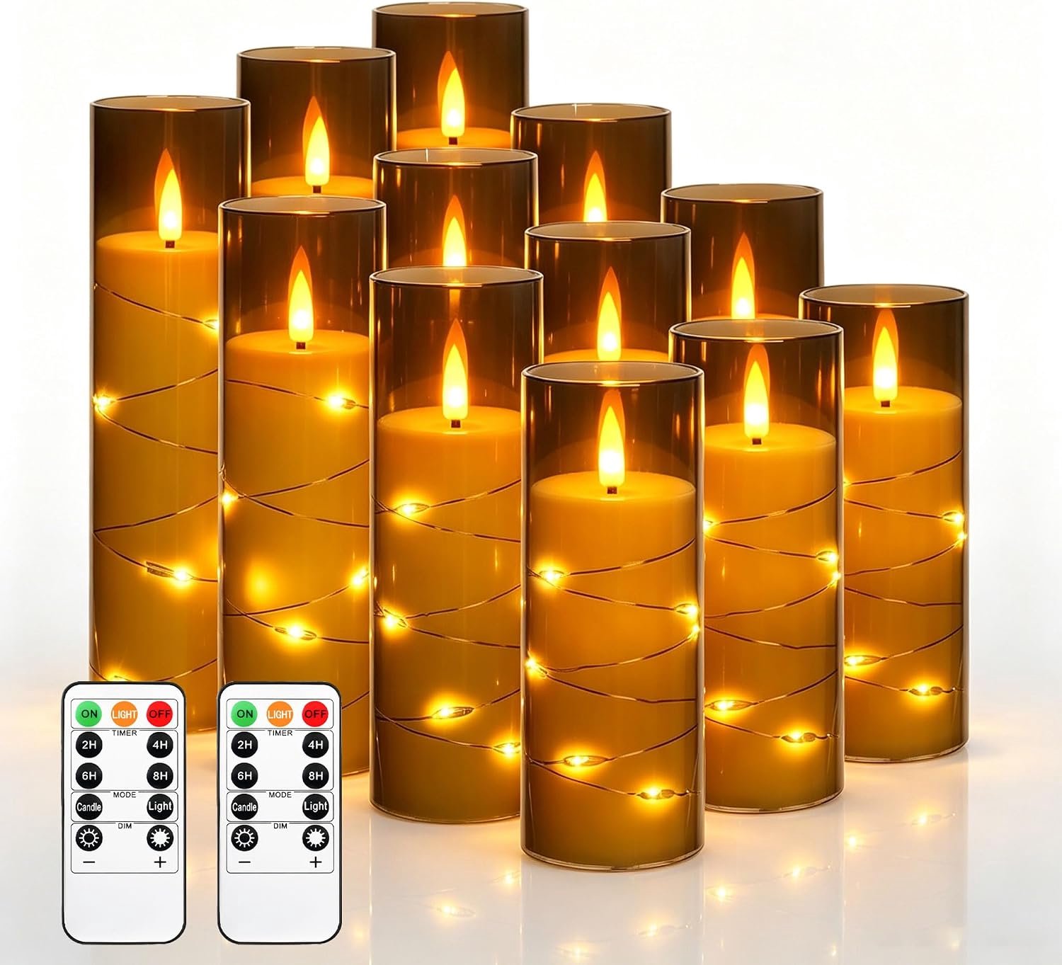 12 Pack Grey Transparent LED Taper Candles with Fairy Lights, Black Wick Flickering Flameless Candles, Heat Resistant - ShopVlot
