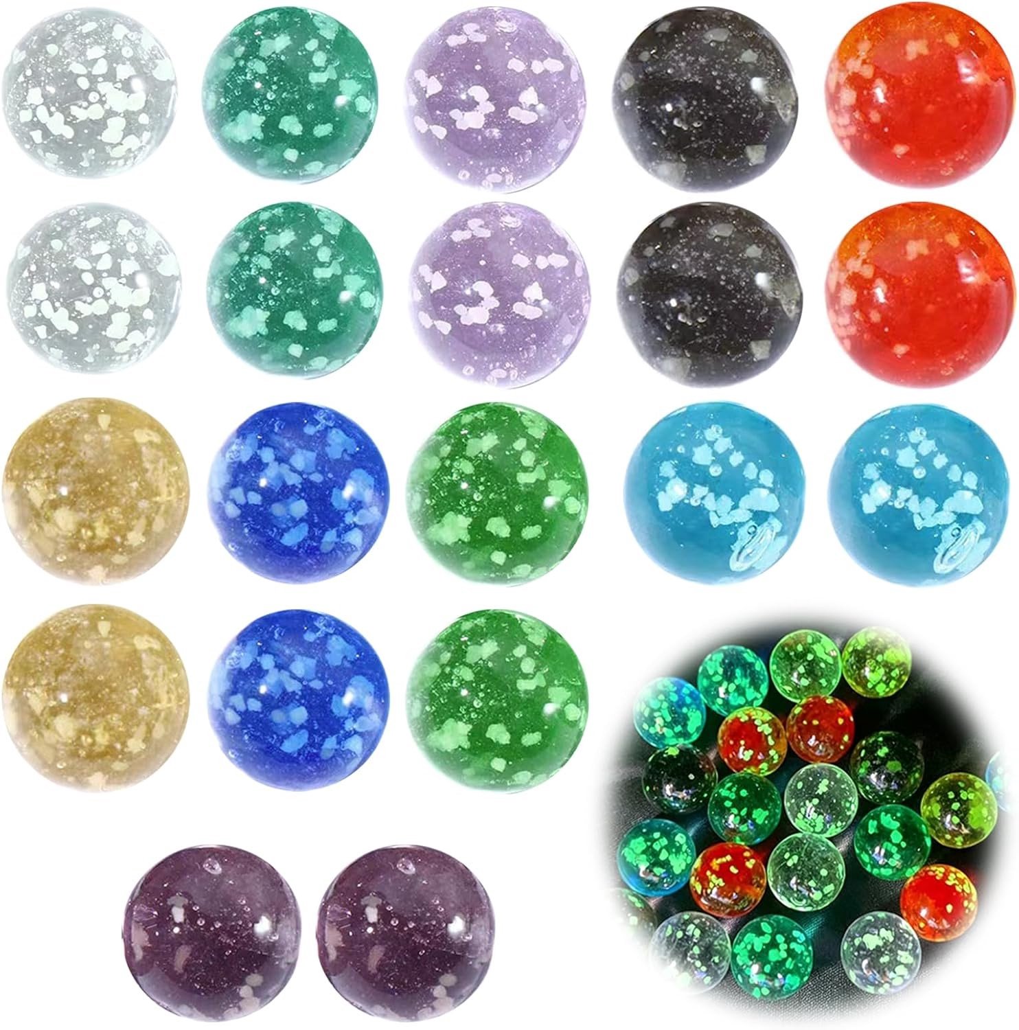 Set van 20 kleurrijke glazen ballen voor kinderen, phosphorescent, ideaal voor spelletjes, pinball en marmeren activiteiten, 16 mm formaat