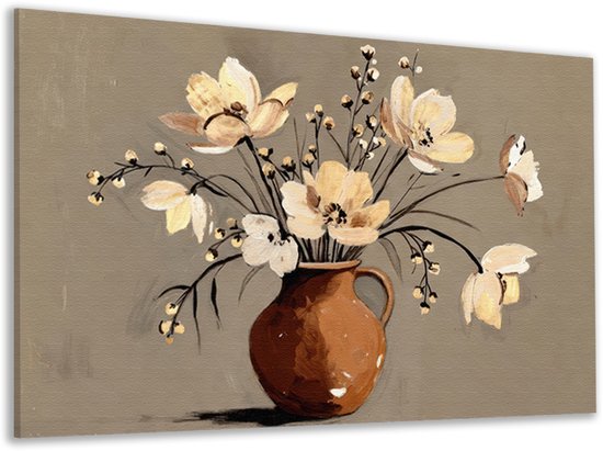 Canvas schilderij in Japandi stijl met een boeket bloemen in een bruine vaas op een beige achtergrond.