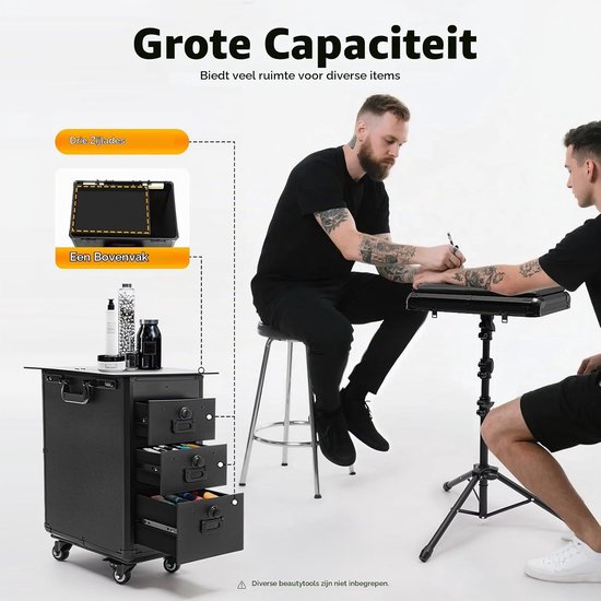 Trolley, tattookoffer met 3 laden en wielen, cosmeticakoffer trolley voor kappers, nageltechnici, zwart (acryl) — afbeelding 3