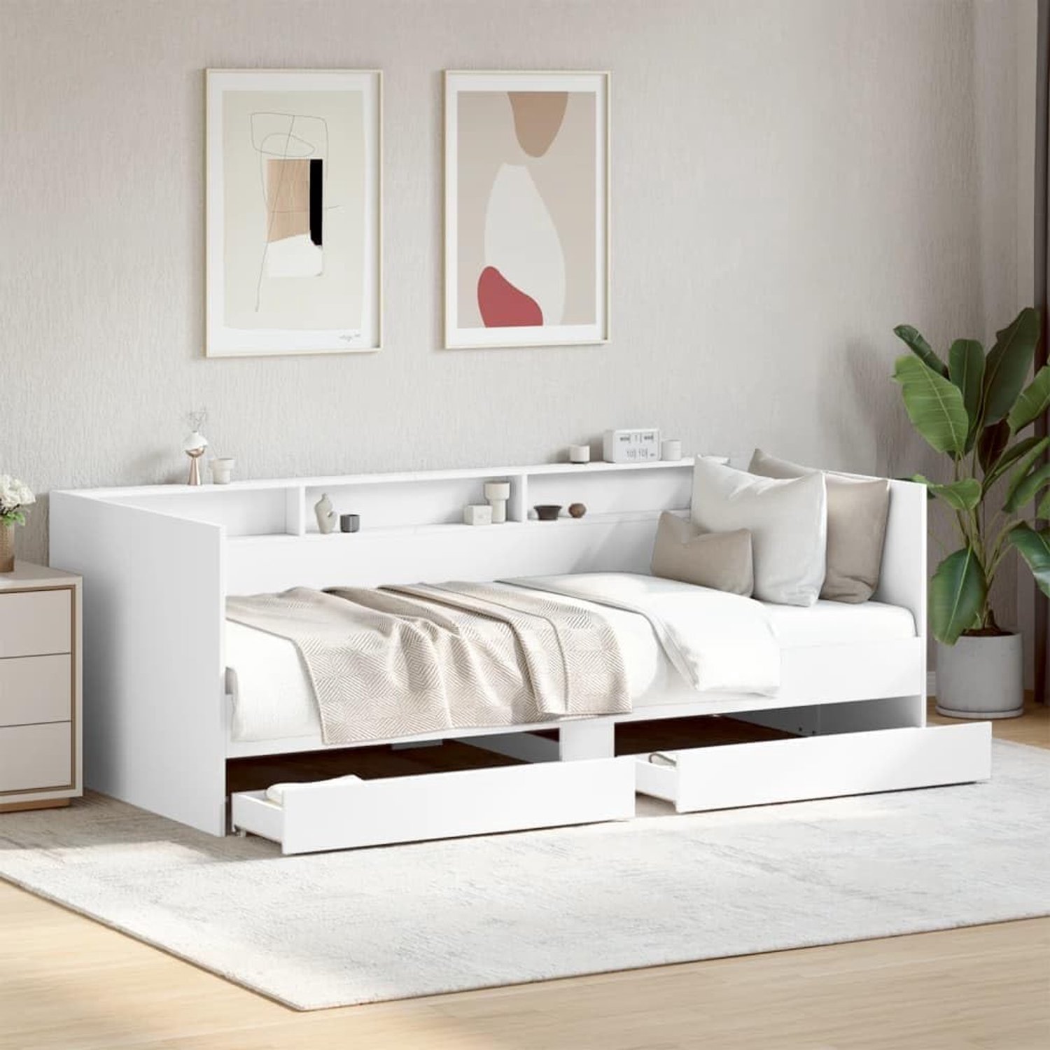Dagbed met schuifladen zonder matras, wit, 90 x 190 cm, uittrekbare 2-in-1 slaapbank als bank en bed met 2 laden, robuust houten frame voor woonkamer
