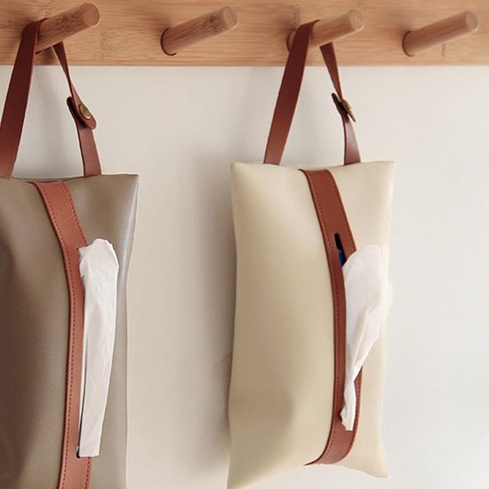2 Stuks Tissue Box Cover, Lederen Gezichtspapier Opbergdoos met Ophangstrip, Krasbestendig Ontwerp, Rechthoekige Auto Tissue Houder voor Keuken Slaapkamer Nachtkastje Bureau (Beige Bruin) — afbeelding 5