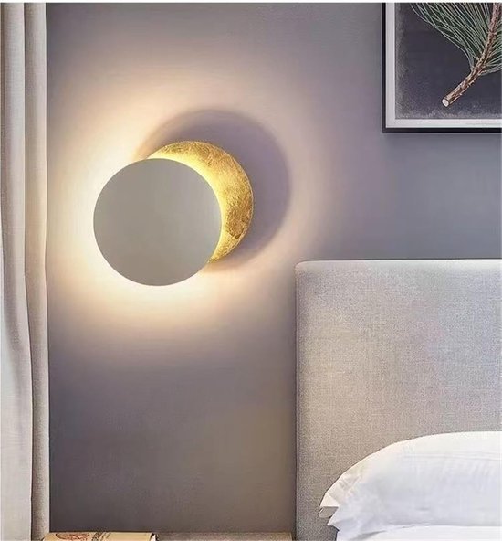 Wall Mounted Lamp Modern Moon Sconce, Round Antique Brass LED Indoor Light Fixture for Bedroom, Living Room, Hallway(Blanc) — afbeelding 2