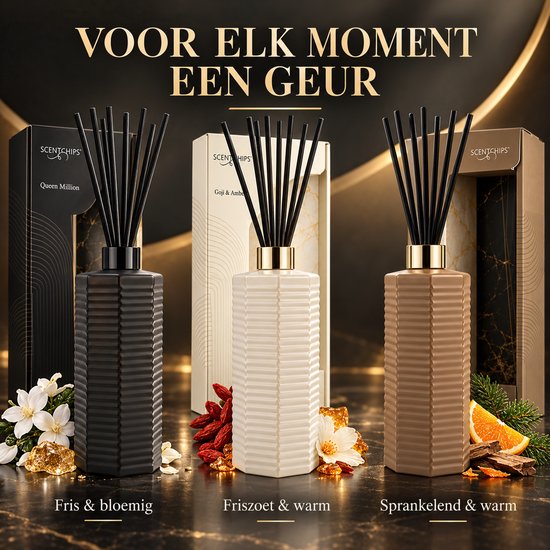 Drie geurstokjes met verpakking: Queen Million (zwart), Goji & Amber (crème) en Orange & Cedarwood (beige).