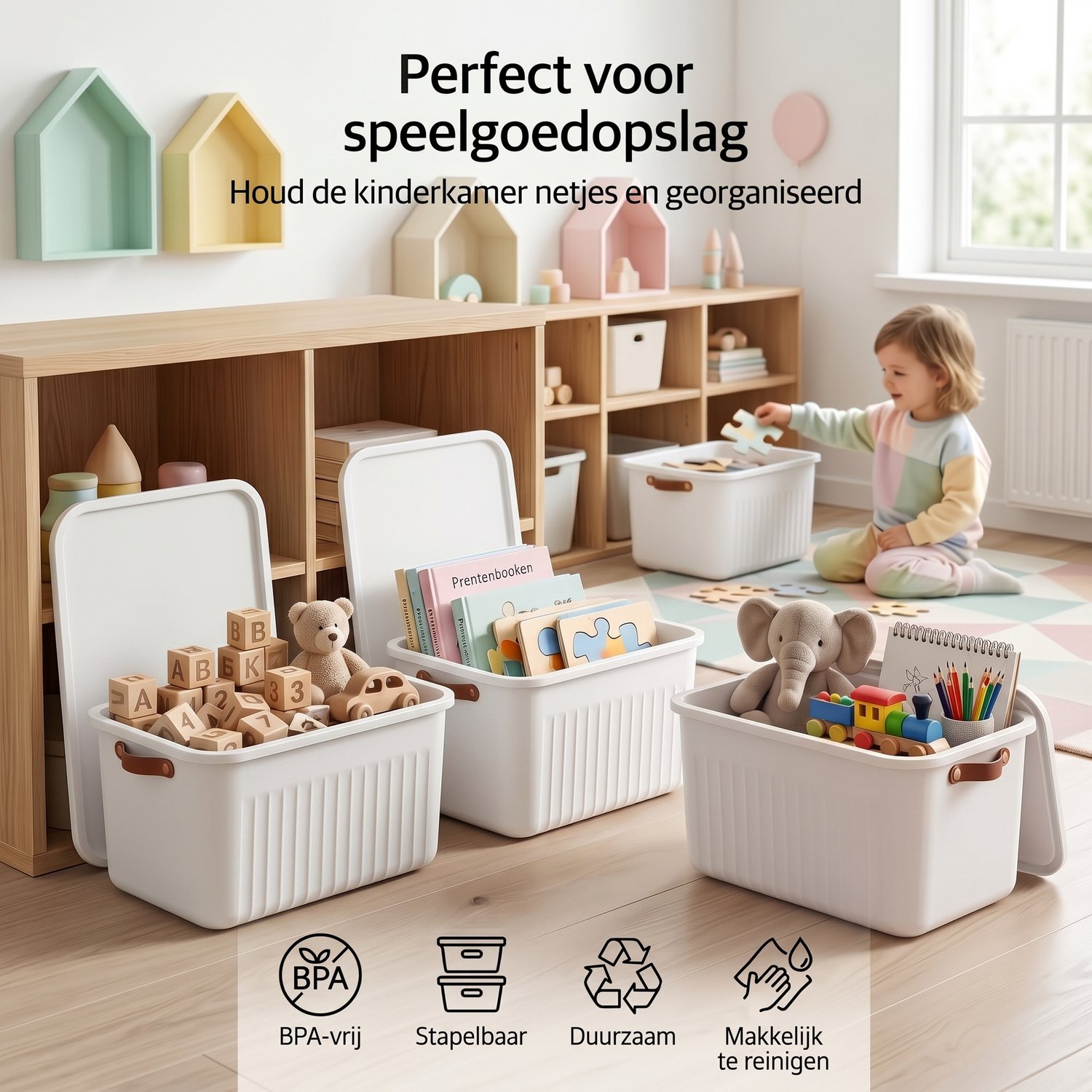 INDECOR Stapelbare Speelgoedbox met Handgrepen – 20 L Opbergbox Set van 3 met Deksel – Opbergdoos voor Bouwblokjes en Bouw - Opbergbox grootstenen – Wit
