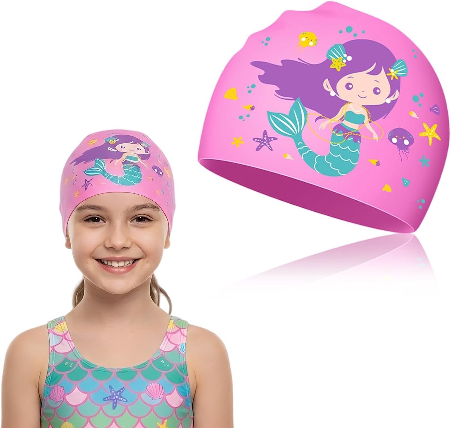 Zwemcap voor Kinderen van 4 - 12 Jaar, Waterdichte Siliconen Zwemcap met Schattig Zeemeerminpatroon, Antislip en Comfortabel voor Meisjes
