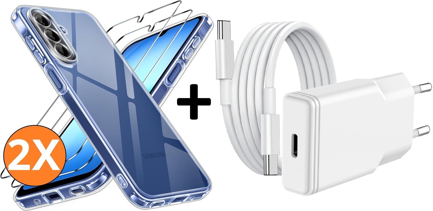 USB C Adapter 20W - USB C Snellader Met 1M USB C Kabel - Hoesje Geschikt voor Samsung Galaxy A18 transparant Anti Shock silicone hoesje met 2x screenprotector- Ntech COMBI-SET