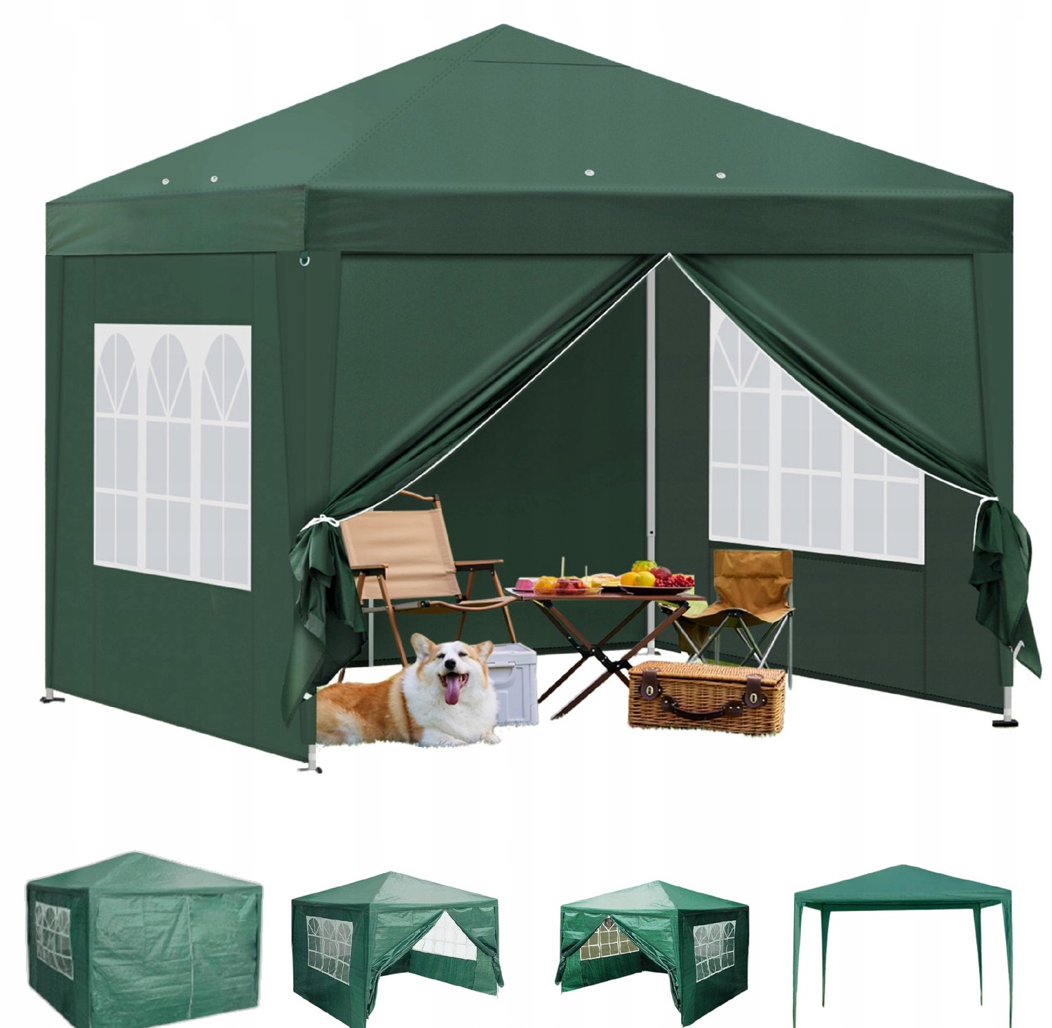 Tuinhuisje met 4 wanden, waterdicht PE, 3x3m, groen