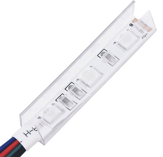 Canal de protection en plastique transparent pour ruban LED avec câblage à quatre couleurs.