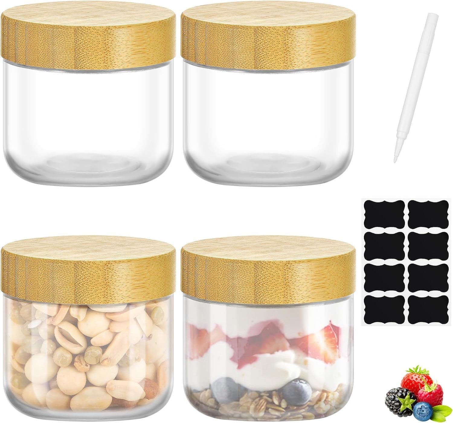Set van 4 Herbruikbare Glazen Potten met Bamboedeksel voor Ontbijtgranen, Snacks en Keukenopslag - BPA-vrij met Labelstickers