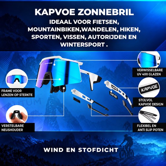 KAPVOE Sport Zonnebril - COMPLETE SET - 4 GLAZEN - Fietsbril - Sportbril - Mountainbike - Wielrennen - Ski - Wintersport - Polariserend - UV 400 - Nachtbril - Hoesje -Brillenkoker - Wit Blauw - apres ski van Kapvoe — afbeelding 4