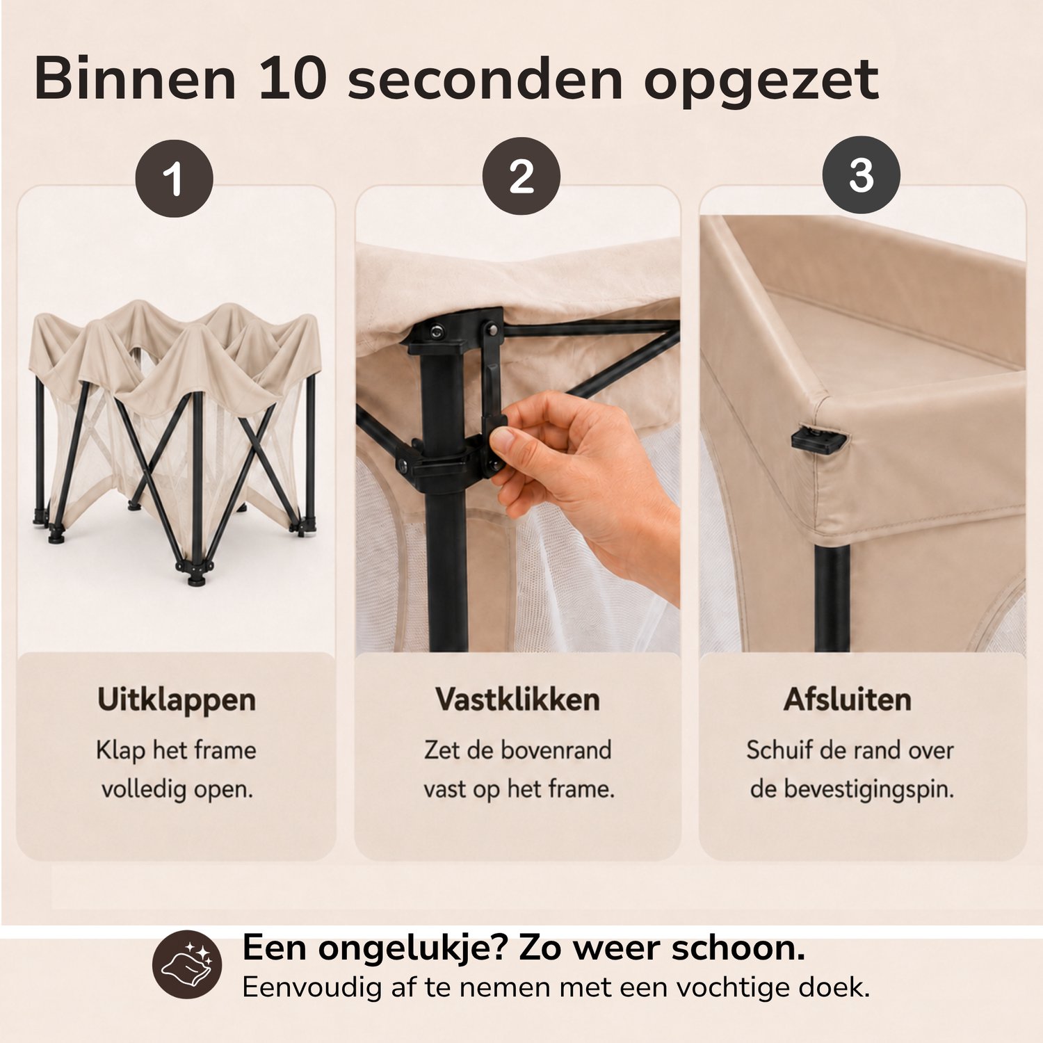 TinyPlay Grondbox baby - zeer snel inklapbaar - 120x120x65 cm - met Speelmat & Speelballen - Opvouwbare box - Kinderbox - Speelbox - Playpen - Ballenbak - Kruipbox - Beige – foto 4